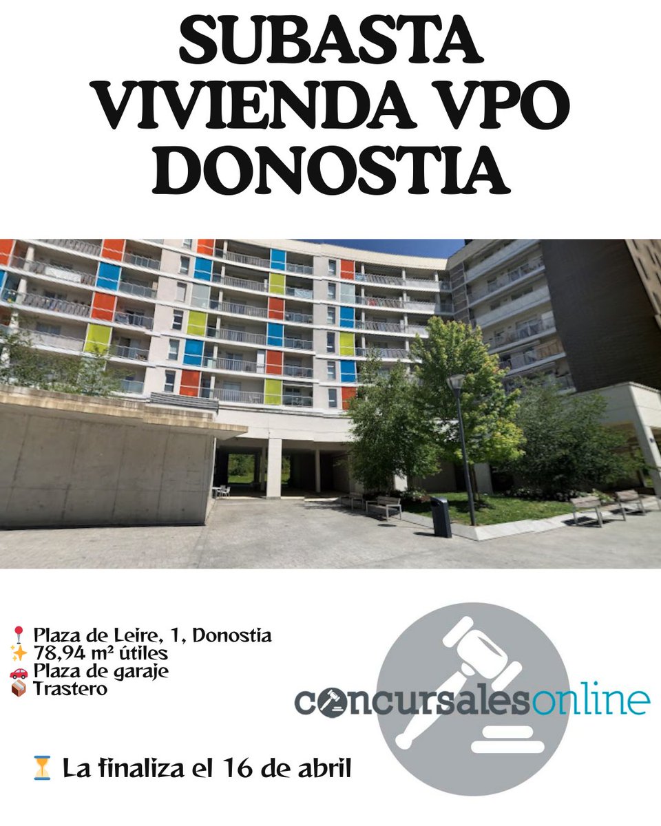 ConcursalesOn's tweet photo. 🏡 Subasta de vivienda VPO en Donostia
 Plaza de Leire nº1
✨ 78,94 m² útiles
 🚗Plaza de garaje
 📦 Trastero
⏳ La subasta finaliza el 16 de abril
📩 Si te interesa participar https://t.co/5nqL5O8IsO
#donostia #sansebastian #vivienda #vpo #subastainmobiliaria #pisodonostia https://t.co/U3WtfRhoup