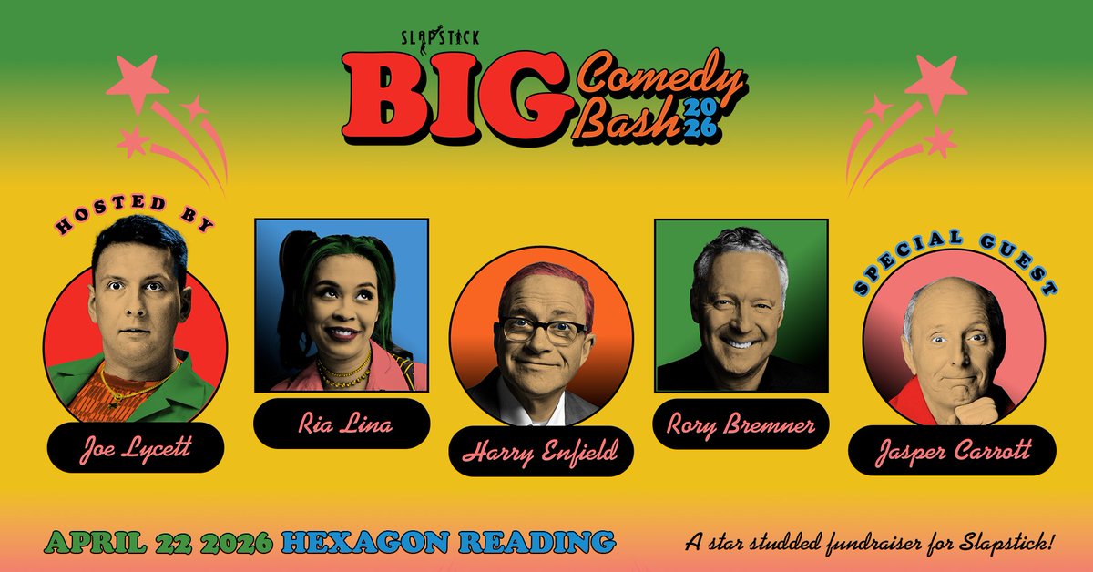 SlapstickFest's tweet photo. We're excited to welcome special guest #JasperCarrott to the BIG Comedy Bash 2026!

The comedy legend joins us at @Thehexagon on Wed 22 April 19:30 in a star-studded line-up of #RiaLina, #HarryEnfield and @rorybremner, hosted by #JoeLycett - link below for tickets 🎟️ https://t.co/m31AkjVmLP