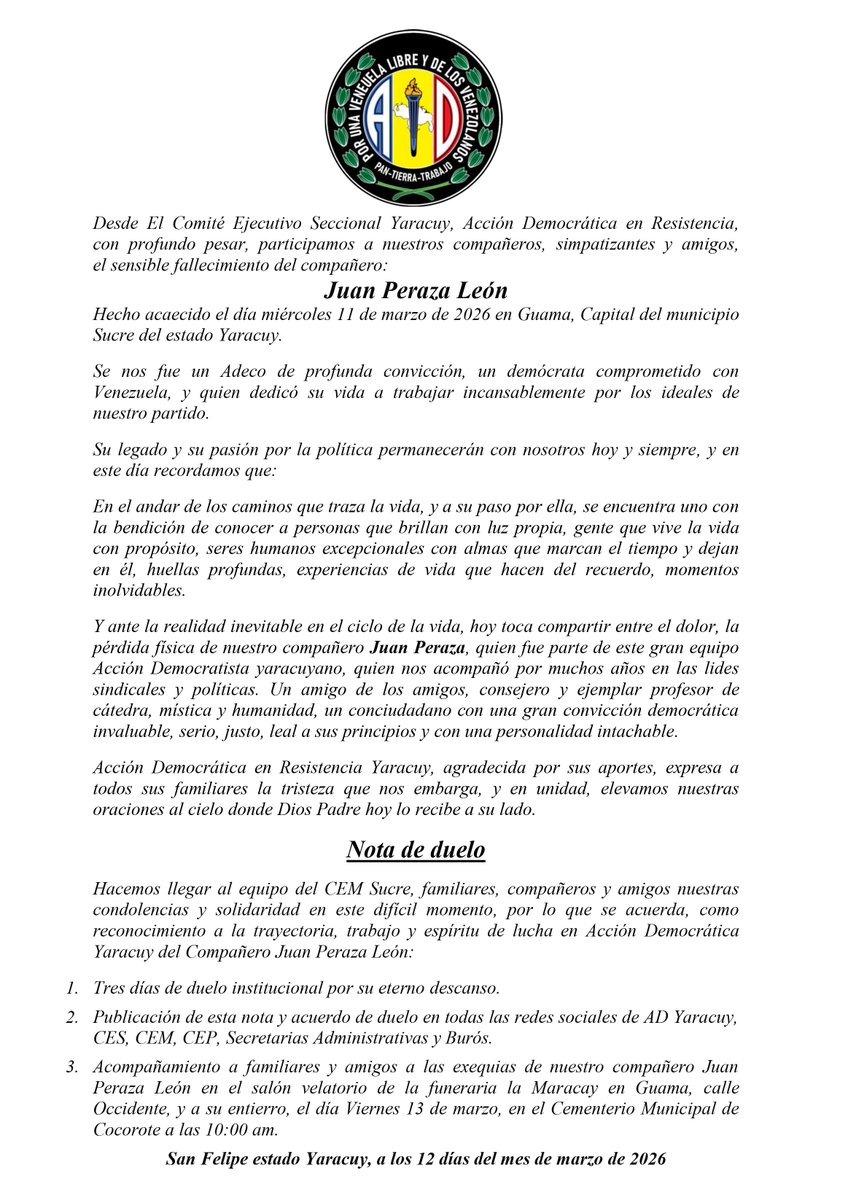 #12marzo | Desde El Comité Ejecutivo Municipal Peña, <a href="/ADemocratica/">Acción Democrática</a> en Resistencia, con profundo pesar, informamos el sensible fallecimiento de Juan Peraza León, compañero de luchas de la municipal Sucre, de nuestro estado Yaracuy.