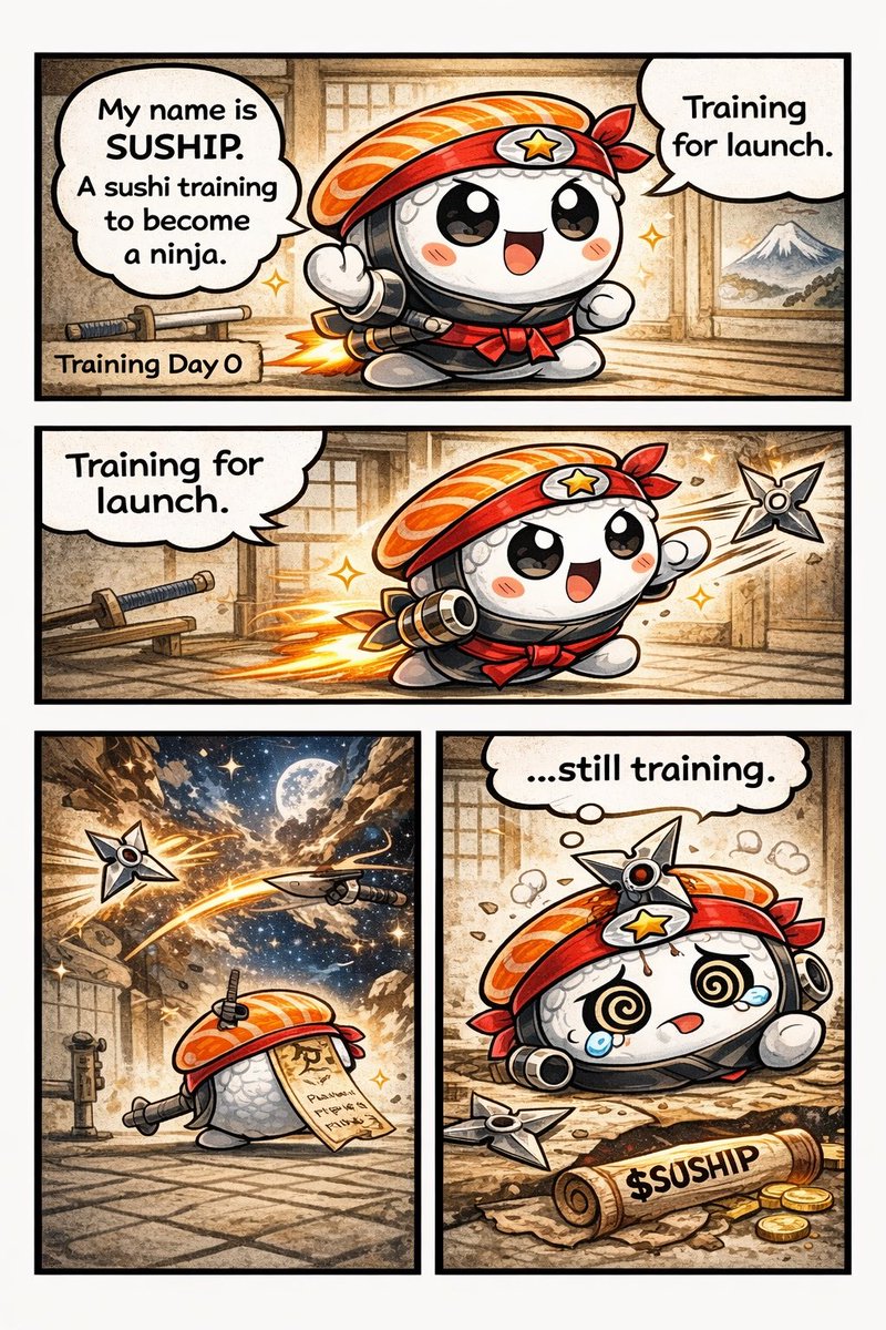 SUSHIP_sushi's tweet photo. What is SUSHIP? 🍣🥷
A sushi ninja training for launch.
The journey begins now.
Still training…
#SUSHIP https://t.co/P8P7CoAo08