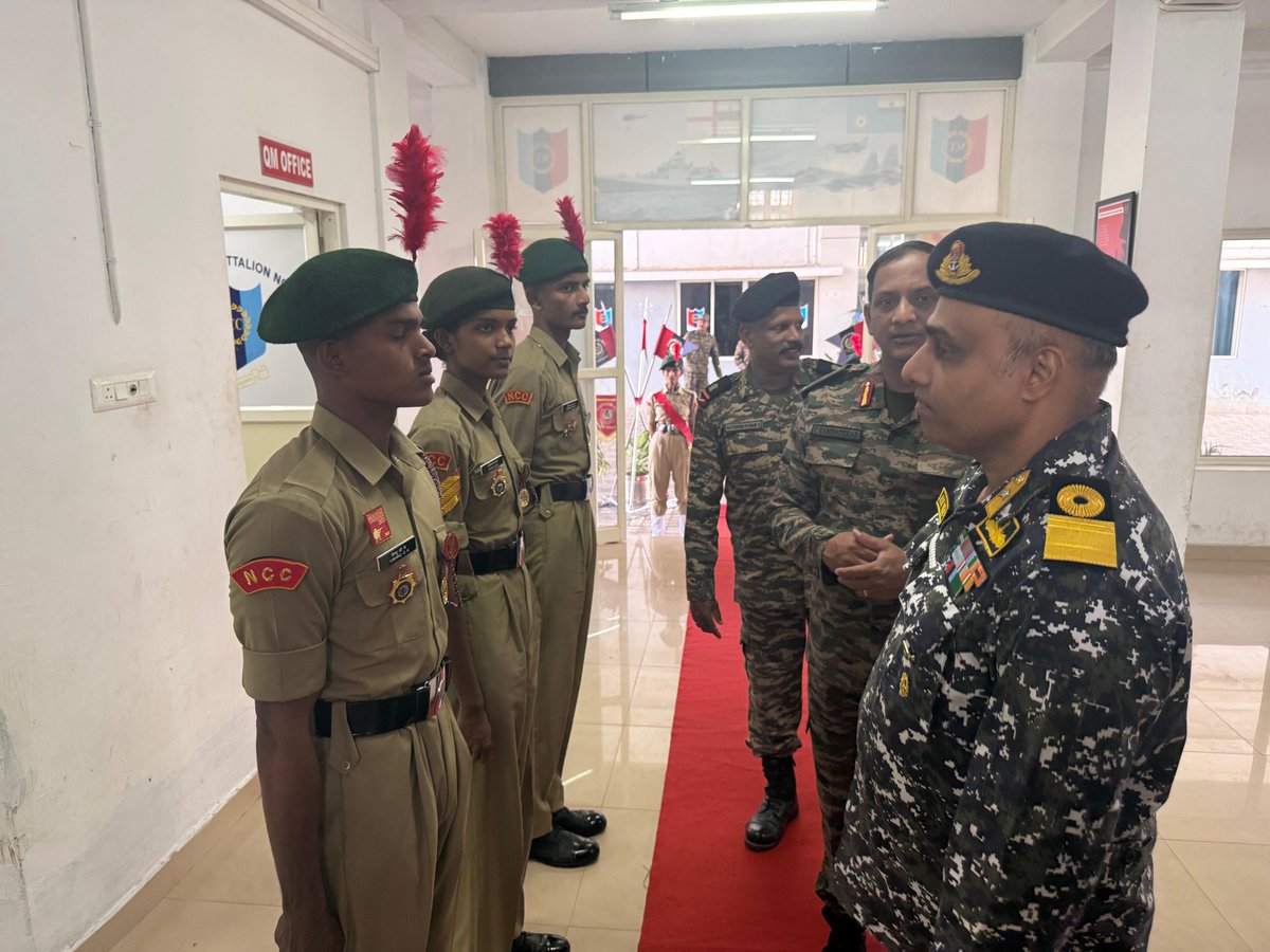 GP_HQ_EKM_NCC's tweet photo. Group Commander’s Visit to 23 Kerala Battalion NCC 🇮🇳

Cmde Jose Vikas, Group Commander, Ernakulam Group, visited 23 Kerala Battalion NCC on 12 Mar 2026 as part of a routine inspection. 
He reviewed a smart Guard of Honour presented by the cadets and interacted with cadets who excelled in various training activities during the year.

The Gp Cdr also witnessed Small Arms Training at the Group Firing Simulator Room, appreciating the technological infusion in training.
 He later interacted with PI Staff and office staff, urging all to work unitedly for quality training, cadet welfare, and upholding the proud ethos of NCC.

#NCC #KeralaAndLakshadweepNCC #CadetTraining #Leadership