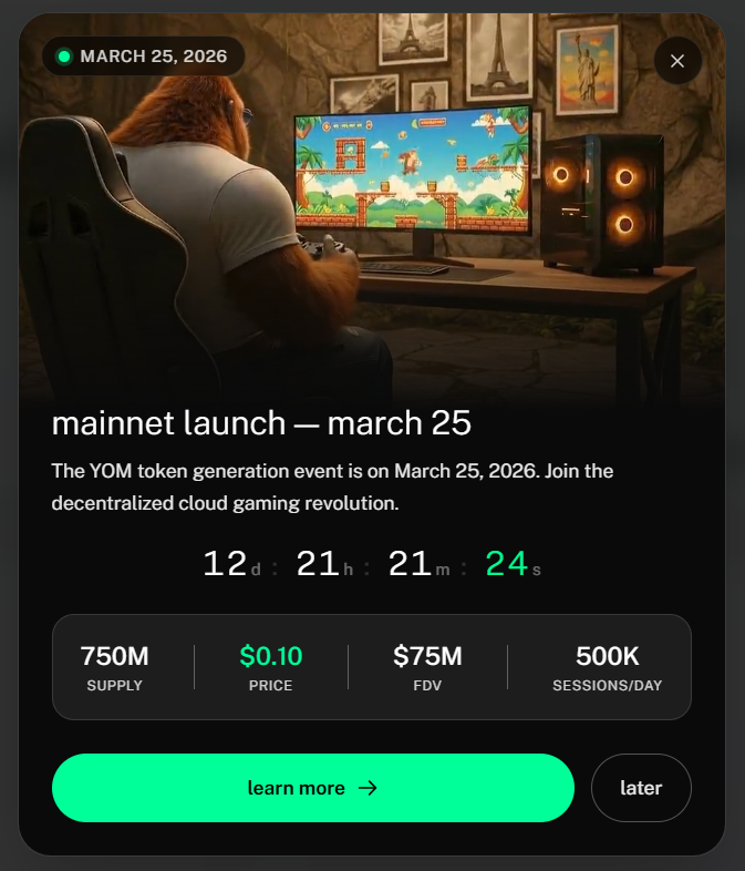 manaj27006's tweet photo. The YOM Mainnet Launch is set for March 25, 2026 —marking a huge step toward the future of decentralized cloud gaming.
🔹 750M Total Supply
🔹 $0.10 Token Price
🔹 $75M FDV
🔹 500K Sessions per Day
The decentralized cloud gaming revolution is coming!
Don’t miss it. 
@YOM_Official https://t.co/BCtKj6SsA1