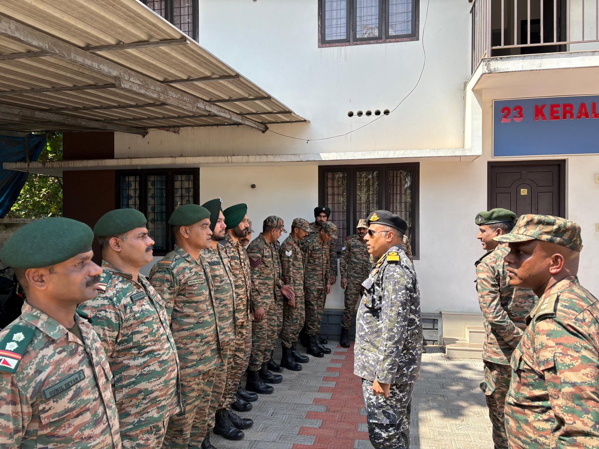 GP_HQ_EKM_NCC's tweet photo. Group Commander’s Visit to 23 Kerala Battalion NCC 🇮🇳

Cmde Jose Vikas, Group Commander, Ernakulam Group, visited 23 Kerala Battalion NCC on 12 Mar 2026 as part of a routine inspection. 
He reviewed a smart Guard of Honour presented by the cadets and interacted with cadets who excelled in various training activities during the year.

The Gp Cdr also witnessed Small Arms Training at the Group Firing Simulator Room, appreciating the technological infusion in training.
 He later interacted with PI Staff and office staff, urging all to work unitedly for quality training, cadet welfare, and upholding the proud ethos of NCC.

#NCC #KeralaAndLakshadweepNCC #CadetTraining #Leadership