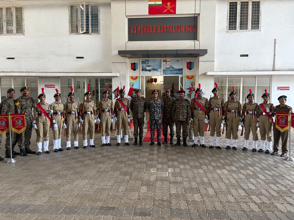 GP_HQ_EKM_NCC's tweet photo. Group Commander’s Visit to 23 Kerala Battalion NCC 🇮🇳

Cmde Jose Vikas, Group Commander, Ernakulam Group, visited 23 Kerala Battalion NCC on 12 Mar 2026 as part of a routine inspection. 
He reviewed a smart Guard of Honour presented by the cadets and interacted with cadets who excelled in various training activities during the year.

The Gp Cdr also witnessed Small Arms Training at the Group Firing Simulator Room, appreciating the technological infusion in training.
 He later interacted with PI Staff and office staff, urging all to work unitedly for quality training, cadet welfare, and upholding the proud ethos of NCC.

#NCC #KeralaAndLakshadweepNCC #CadetTraining #Leadership