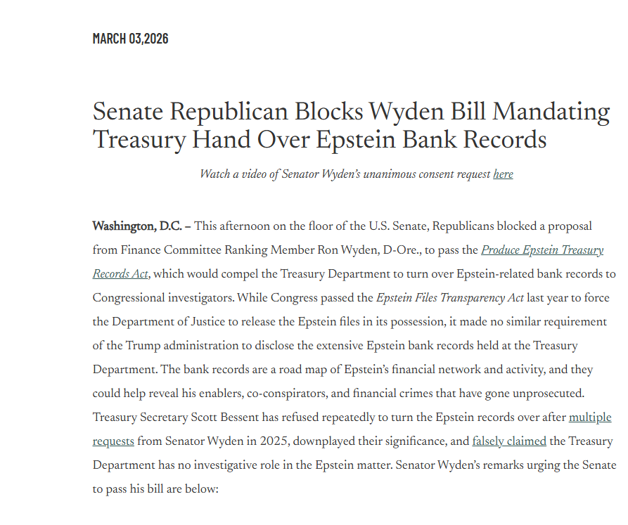 Republicans block Wyden Bill mandating treasury hand over Epstein bank records.
