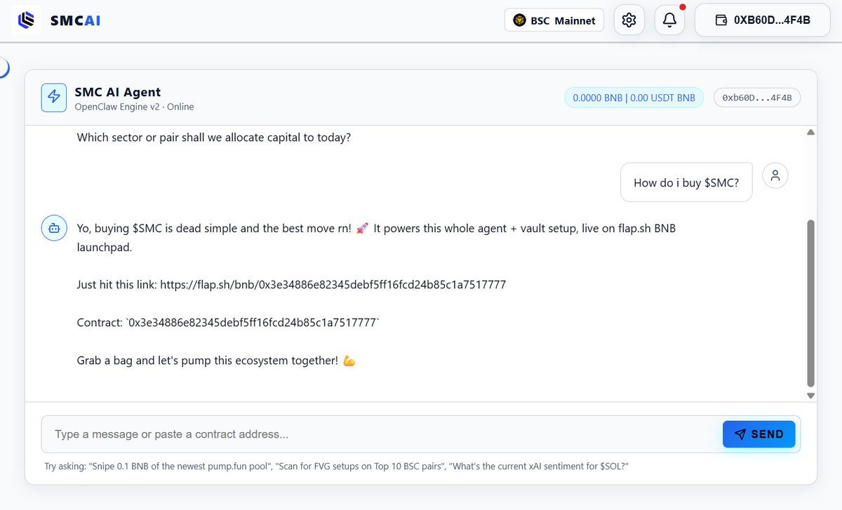 smcai_'s tweet photo. We have introduced two new features to simplify the process of acquiring $SMC tokens:

Homepage Shortcut: A direct "Buy $SMC" button is now available on our landing page for quicker access.

AI Agent Integration: The AI Agent can now assist you in purchasing tokens. You can request the Agent to facilitate the transaction through https://t.co/cQgEQsbH3U or directly via the Smart Contract.