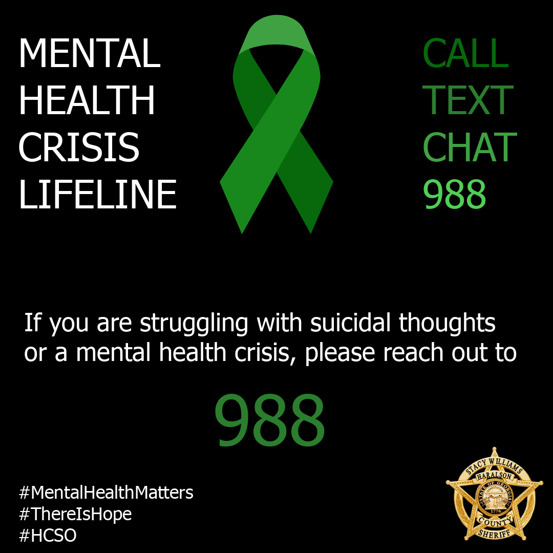 HaralsonSheriff's tweet photo. Mental Health Matters.
Your Mental Health Matters
The National Mental Health Crisis Hotline is available 24/7 at 988.
#TextOrCall988
#MentalHealthMatters
#HCSO https://t.co/GwhKv5h6O4