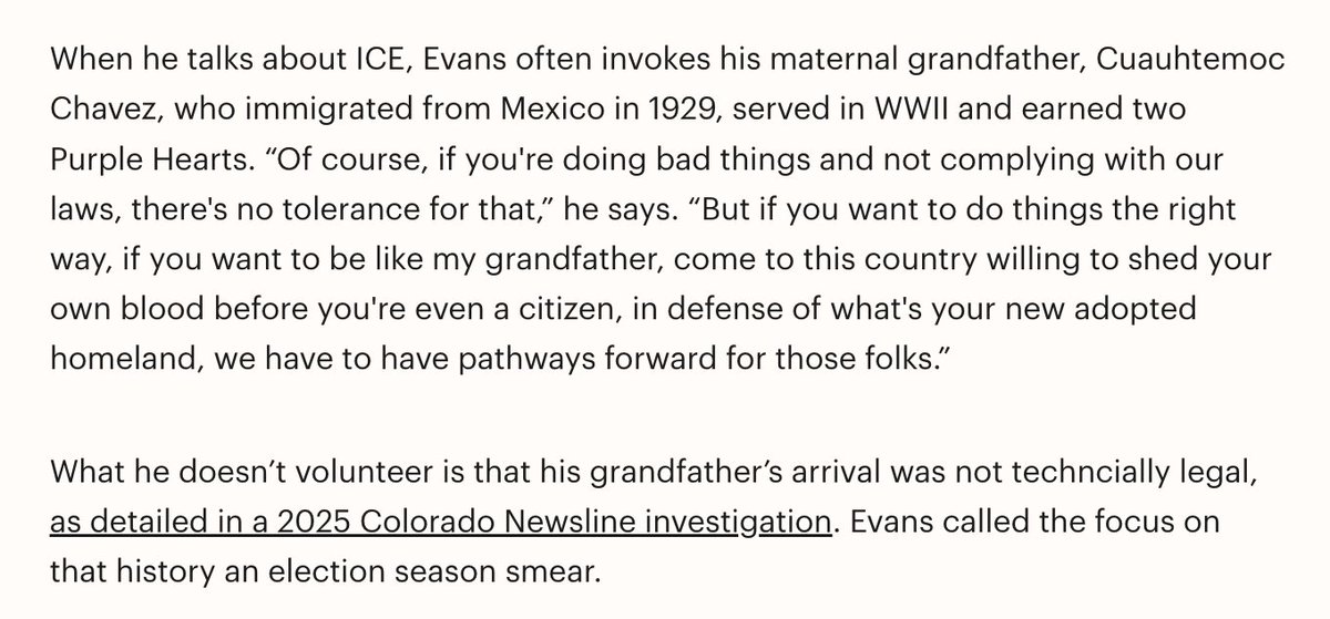 dcwoodruff's tweet photo. Eight months later and Rep. Gabe Evans still won't answer basic questions about his repeated misrepresentations of his family's immigration history, calling a story published in July 2025 an "election season smear." https://t.co/zIUlqeQJrm