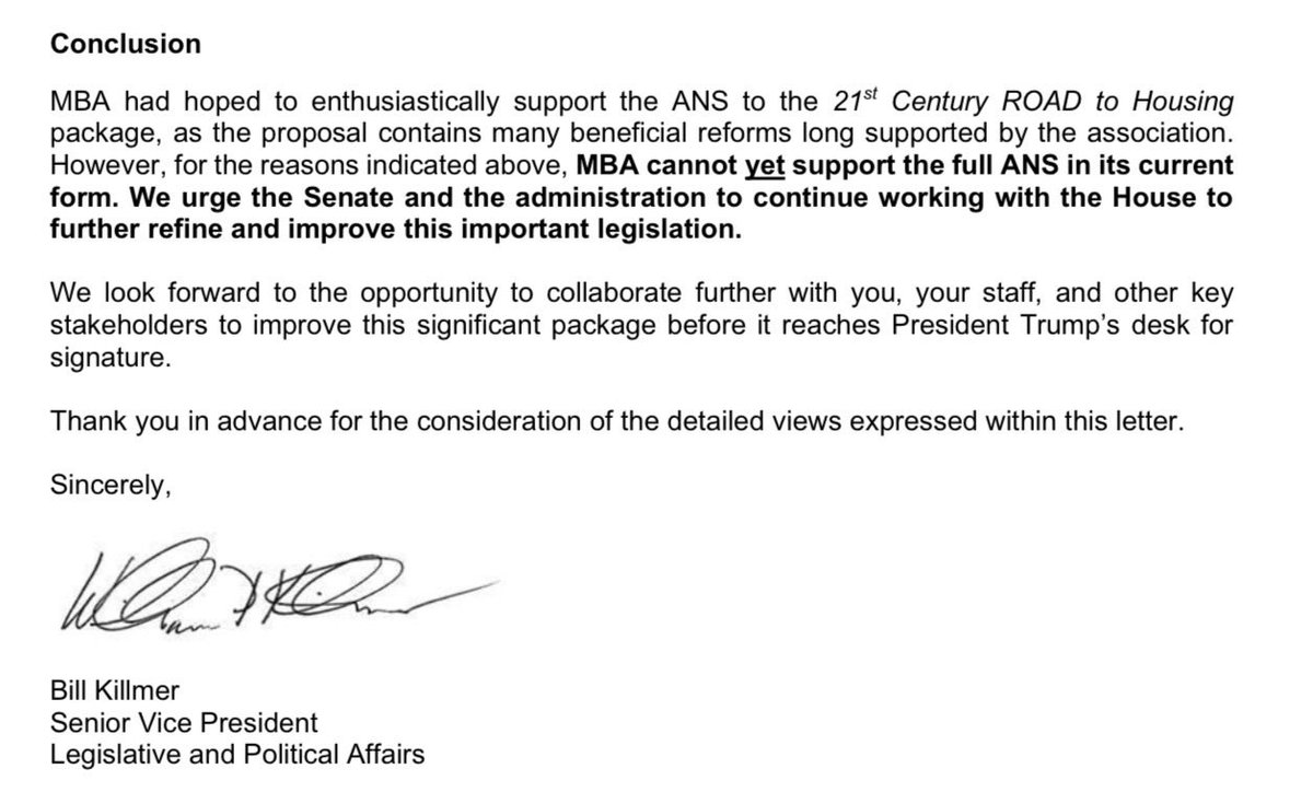 More industry reservations on the Senate’s housing bill, this time from the Mortgage Bankers Association, which says it “cannot yet support” the bill. 

We urge the Senate and the administration to continue working with the House to
further refine and improve” the bill