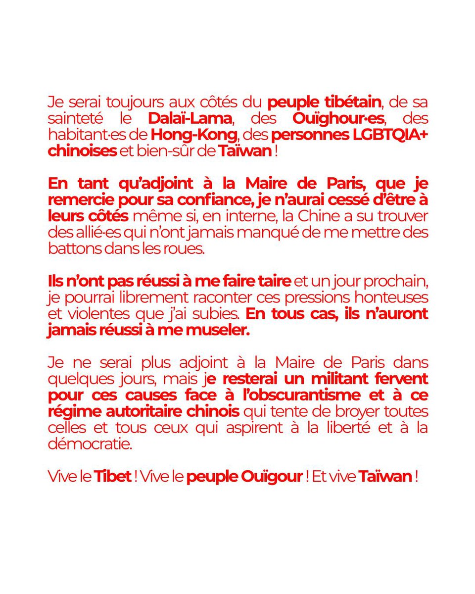 JeanLucRomero's tweet image. Je serai toujours aux côtés du peuple tibétain, de sa sainteté le Dalaï-lama, des Ouïghours, des habitants de Hong-Kong, des personnes #LGBTQIAplus chinoises et bien sûr de #taiwan !

En tant qu’adjoint à la maire de Paris, que je remercie pour sa confiance, je n’aurai cessé
