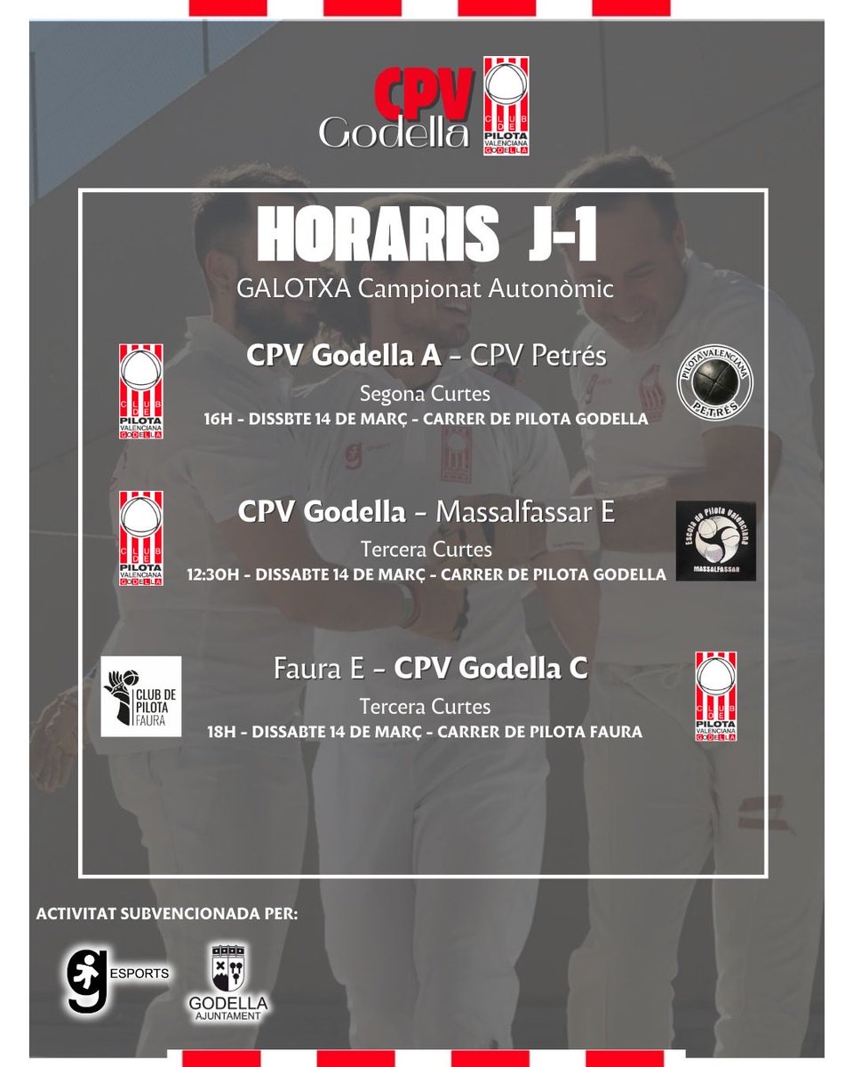 pilotagodella's tweet photo. ✊ Comencem el nou campionat autonòmic: 🏆Trofeu El Corte Inglés.

Aquesta primera jornada l’enceten a 🏡Casa l’A i el B el dissabte a mig dia☀️, i per completar la jornada de dissabte el nostre 3r equip juga com a 🔎visitant a Faura, un trinquet ja conegut.

Salut i pilota! ⚾️ https://t.co/yyk9VQuKMd
