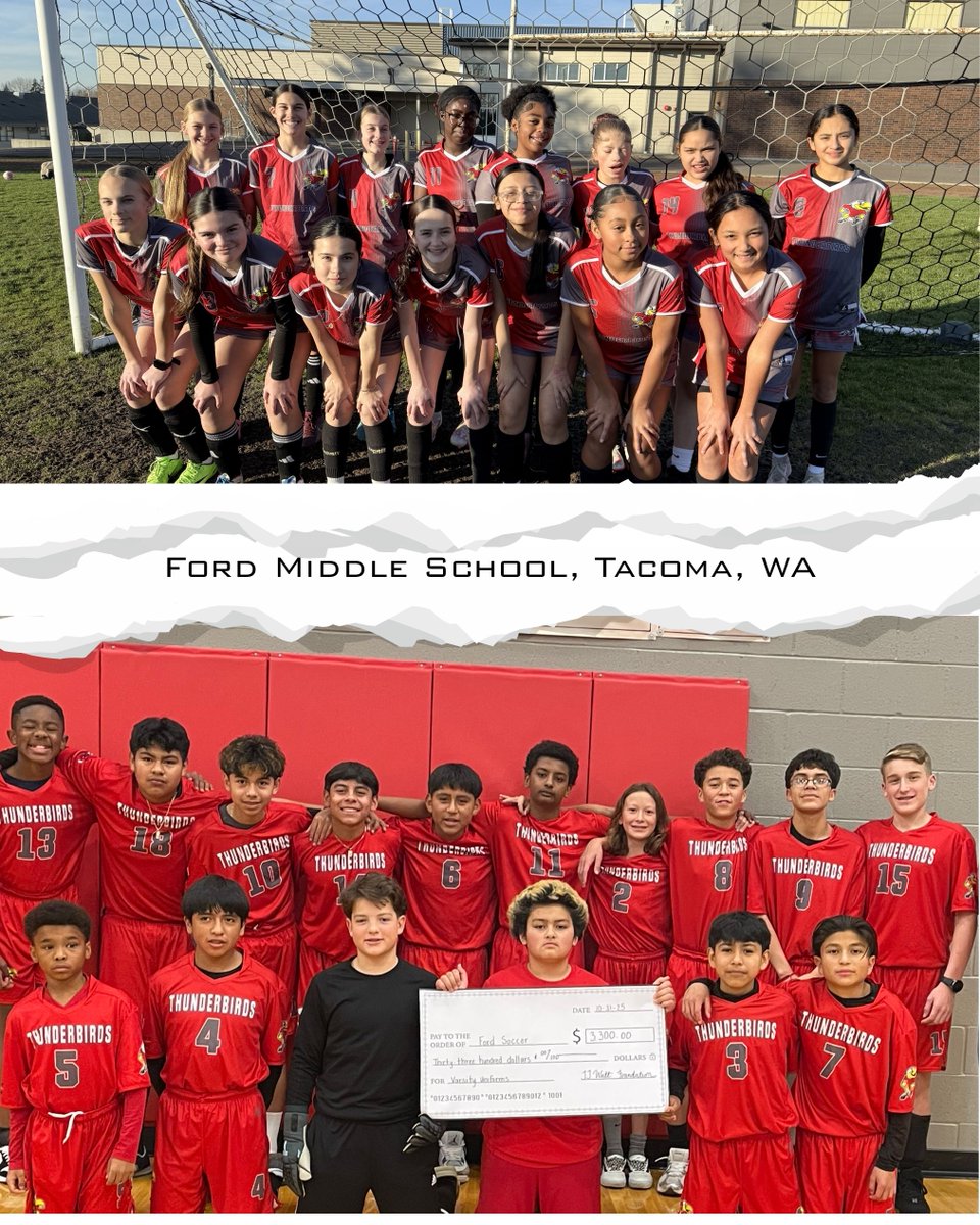 WattFoundation's tweet photo. Girls' and Boys' soccer teams at Morris Ford Middle School in Tacoma, WA are looking sharp in their new uniforms! Have a great season, Thunderbirds!
#dreambigworkhard https://t.co/H2E6PUvWuZ