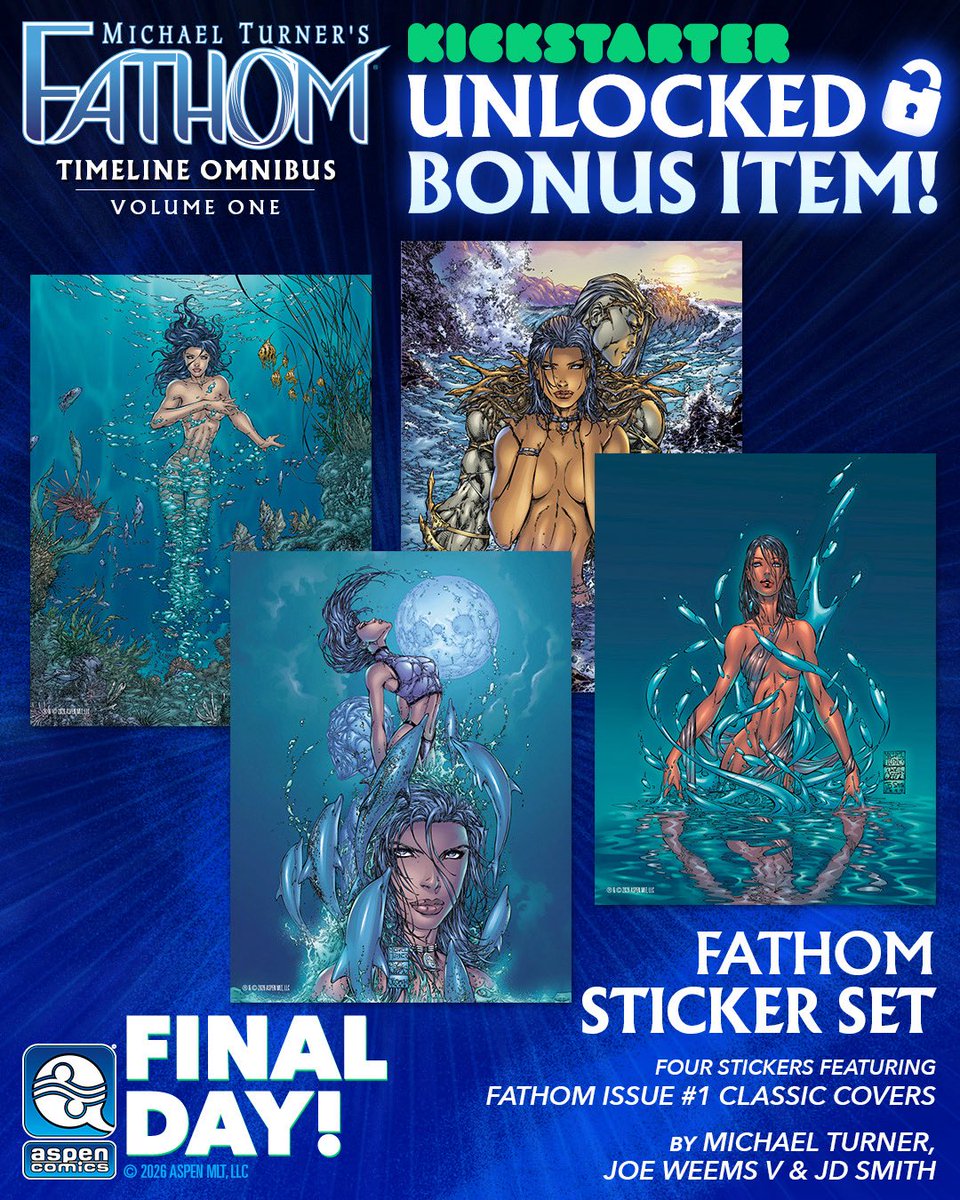 EkosGenesis's tweet photo. Final Hours! ⏰ The Fathom Timeline Omnibus: Volume 1 Kickstarter ends TODAY at 6pm PT. This is your last chance to secure your copy!

And as a thank you to this community, we’ve also unlocked one final bonus reward: a Fathom sticker set featuring all four of the iconic Fathom #1 classic covers. This will be automatically included with every order, along with all previously announced bonuses!

Don’t miss it. Order at https://t.co/Nc7Yz1klu7 before the campaign closes at 6pm PT 🌊