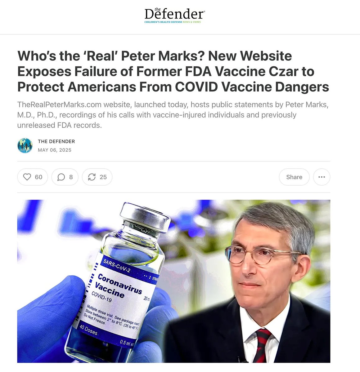 VigilantFox's tweet photo. React19, a group of vaccine-injured patients and doctors, met with Dr. Marks and his staff multiple times.

They showed him the data, but he flat-out ignored it. They pleaded for help. He stalled.

When pressed in meetings, he dodged every question, downplayed every injury, and shifted the blame.

He had a role to play—and he played it.