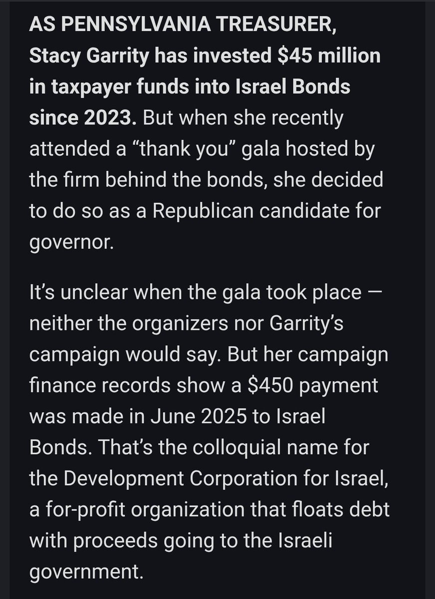 StephenJ_Caruso's tweet photo. Pennsylvania Treasurer Stacy Garrity put $45 million in taxpayer money into Israel Bonds. The firm invited her to a thank you gala with other investors, but she attended for political purposes. She paid for the event with campaign funds; still, ethics experts have questions. https://t.co/FuuwDsiihX
