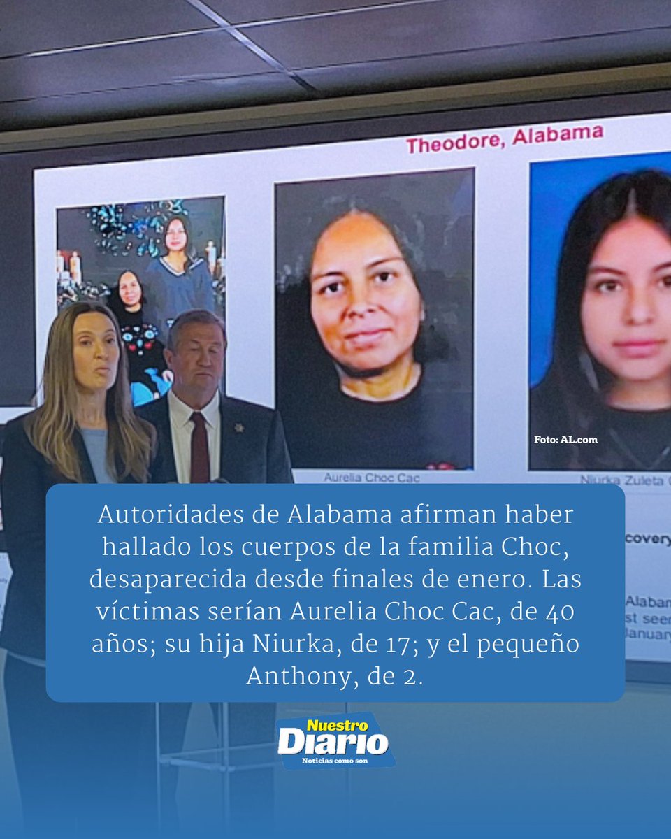 NuestroDiario's tweet photo. 💔 HALLAN SIN VIDA A FAMILIA CHAPINA DESAPARECIDA 💔

Autoridades de Mobile, Alabama, afirman haber hallado de los cuerpos de la familia Choc, desaparecida desde enero. Las víctimas fueron Aurelia Choc Cac, de 40 años, y sus hijos de 17 y 2 años; por el crimen fue capturado el salvadoreño Héctor Gamiliel Argueta Guerra, quien enfrenta cargos de asesinato.

👉 Si eres un chapín en EE. UU., puedes ver más detalles en https://t.co/MmYEss2vWD

#NuestroDiario, noticias como son. 📰
#NDUSA #ChapinesEnUSA