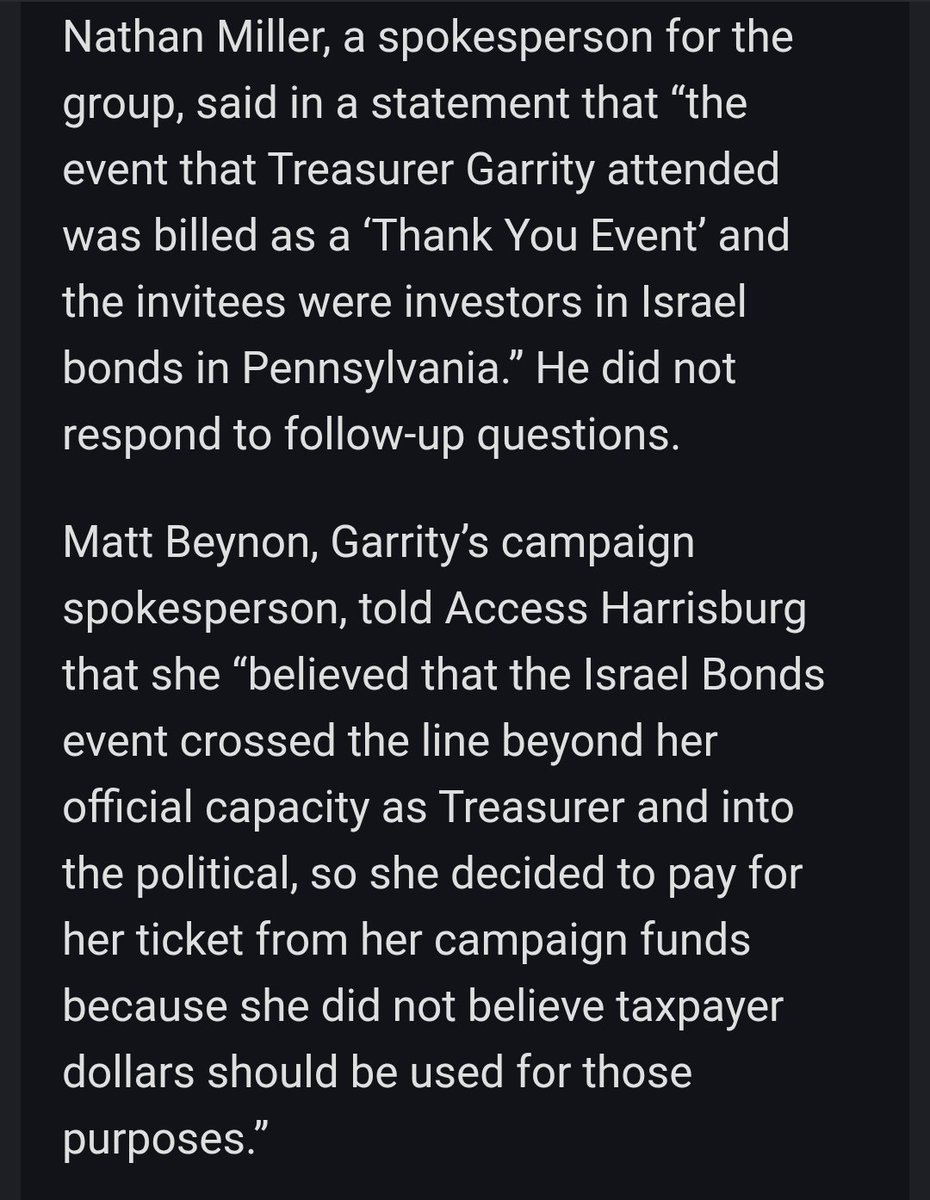 StephenJ_Caruso's tweet photo. Pennsylvania Treasurer Stacy Garrity put $45 million in taxpayer money into Israel Bonds. The firm invited her to a thank you gala with other investors, but she attended for political purposes. She paid for the event with campaign funds; still, ethics experts have questions. https://t.co/FuuwDsiihX