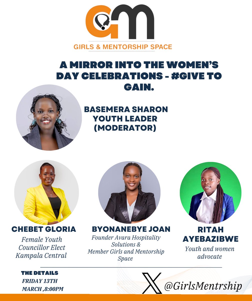 Our X Spaces are Back. 
This Friday we mirror into the Women’s Day Celebrations. #Give to Gain.

Joining us is <a href="/BasemeraSh69788/">sharon Basemera</a> the secretary for Female Affairs Fortportal Tourism City who will be our moderator. 
Chebet Gloria who is the Female Youth Councillor Elect Kampala