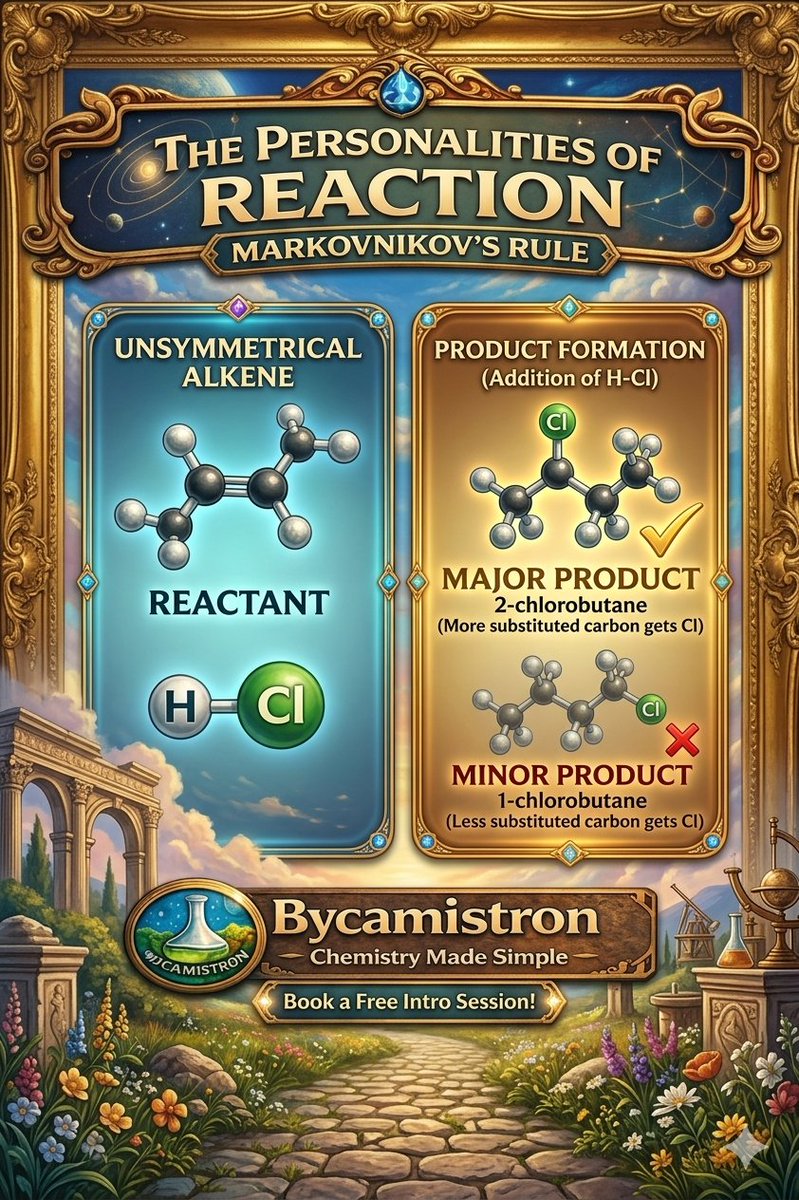 Bycamistron's tweet image. Chemistry's 'Most Wanted' Carbocations: 

How Markovnikov's Rule picks the winner. 🏆

It's all about stabilizing the positive charge – simple logic for mastering organic reactions! 💡

#Chemistry #OrganicChemistry #ScienceExams #MarkovnikovRule #LearnChemistry #STEM #Rekete