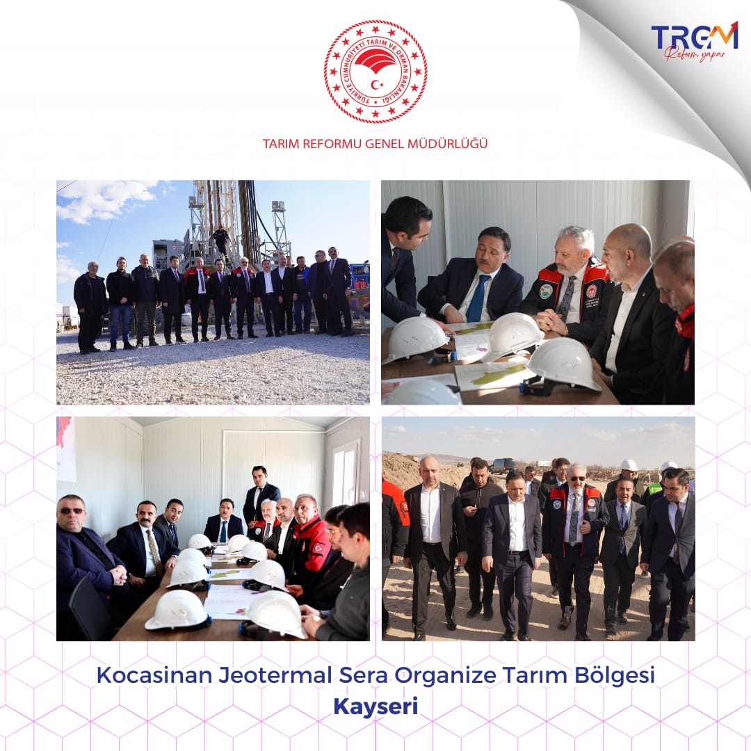 trgmresmi's tweet photo. 🇹🇷 Türkiye’nin jeotermal tarım üssü Kayseri’de yükseliyor! ♨️🌱

*Genel Müdürümüz Sayın Dr. Osman YILDIZ, Kayseri Valimiz Sayın Gökmen ÇİÇEK, Kayseri Ticaret Borsası Başkanımız Sayın Recep BAĞLAMIŞ ve İl Müdürümüz Sayın Bülent SAKLAV* ile beraberimdeki heyet ile birlikte,

🚧 Kayseri Kocasinan Jeotermal Sera Organize Tarım Bölgesinde başlatılan altyapı çalışmalarını yerinde inceleyerek yürütülen çalışmalar hakkında bilgi aldık.

📍 1.227 dekar modern üretim alanı
🍅 35.000 ton yıllık üretim kapasitesi
👩‍🌾 1.500 kişilik istihdam
👩‍🔬 %75 kadın istihdam hedefi
♨️ Jeotermal enerji ile sürdürülebilir üretim

🚜 Yüksek teknoloji tarımı
🌍 Güçlü yerli üretim
🇹🇷 Türkiye Yüzyılı’nın tarım vizyonu

*Organize Tarım Bölgeleri büyüyor, Türkiye üretiyor, Türkiye güçleniyor*.

@TCTarim