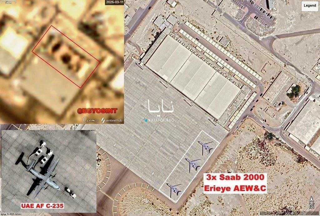 dailywarupdates's tweet photo. 🛰️ Satellite imagery reportedly shows new damage at Al Dhafra Air Base in 🇦🇪 Abu Dhabi, a key UAE–US military facility, following Iranian strikes.

The base hosts surveillance aircraft and tanker operations critical to Gulf security.

#IranWar‌ #Israël https://t.co/9el7CDR7oJ