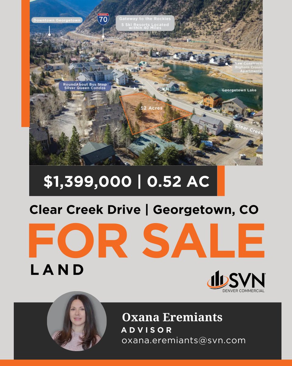 Rare 0.52-acre land opportunity in Historic Georgetown, CO. Three parcels across from Georgetown Lake with duplex zoning and multifamily potential, just off I-70.

Contact Oxana Eremiants: zurl.co/AQDLW

#LandDevelopment #CRE #ColoradoRealEstate #SVN