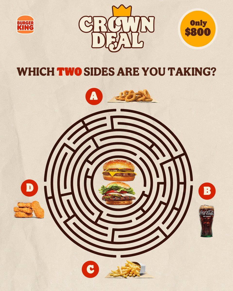 bkjamaica's tweet image. Have you created the ultimate Crown Deal meal with your side orders? 🍔🔥

Follow the maze to pick TWO sides that complete your combo. Which path did you take? Tell us in the comments! 👇

#BKJamaica #HaveItYourWay #CrownDeal