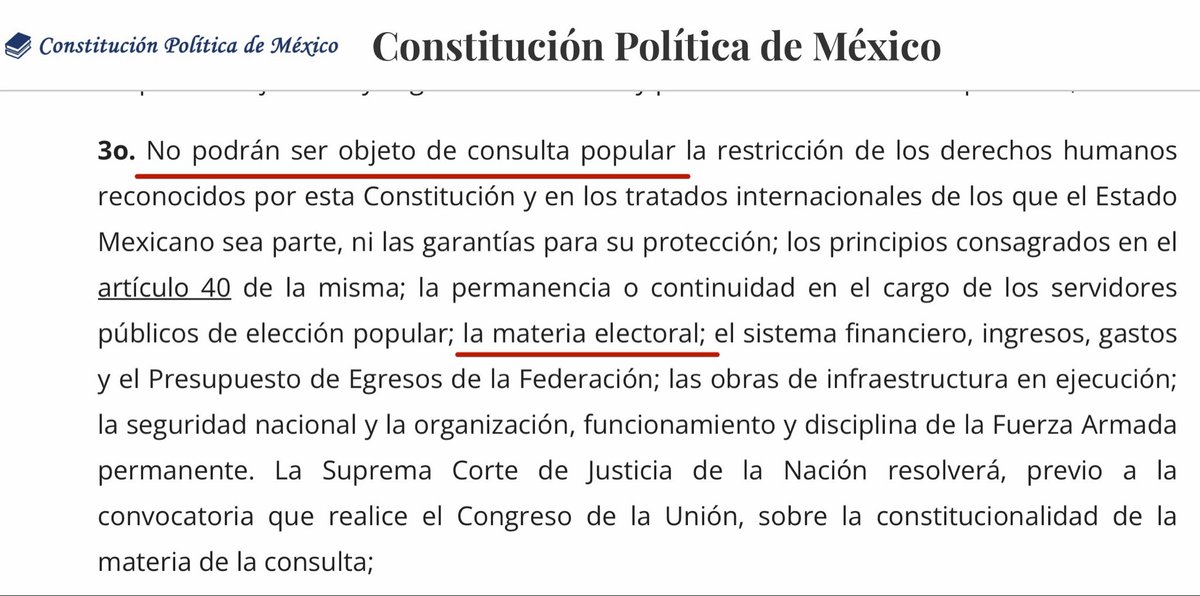 Y nadie de sus baquetones asesores, ni la Consejería Jurídica, ni <a href="/JesusRCuevas/">Jesús Ramírez Cuevas</a> evitó que la presidenta hiciera el ridículo en cadena nacional, cuando el Art. 35 Constitucional, inciso VII, párrafo 3o. especifica que NO se puede someter a consulta la materia electoral 🤦🏻‍♂️