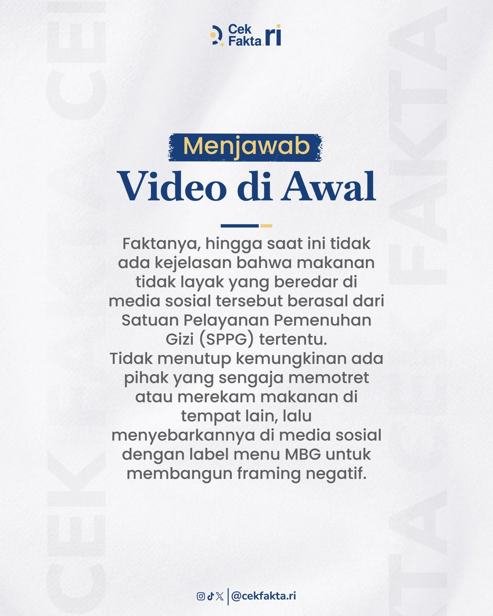 cekfakta_ri's tweet photo. Belakangan ini beredar video dan gambar tanpa sumber jelas yang diklaim sebagai menu Program Makan Bergizi Gratis (MBG), misalnya video ikan dengan belatung. Praktik seperti ini disebut dekontekstualisasi, yaitu penggunaan gambar atau video tanpa penjelasan asal-usul yang jelas. https://t.co/XTTHHWKlHR