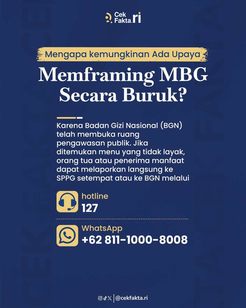cekfakta_ri's tweet photo. Belakangan ini beredar video dan gambar tanpa sumber jelas yang diklaim sebagai menu Program Makan Bergizi Gratis (MBG), misalnya video ikan dengan belatung. Praktik seperti ini disebut dekontekstualisasi, yaitu penggunaan gambar atau video tanpa penjelasan asal-usul yang jelas. https://t.co/XTTHHWKlHR