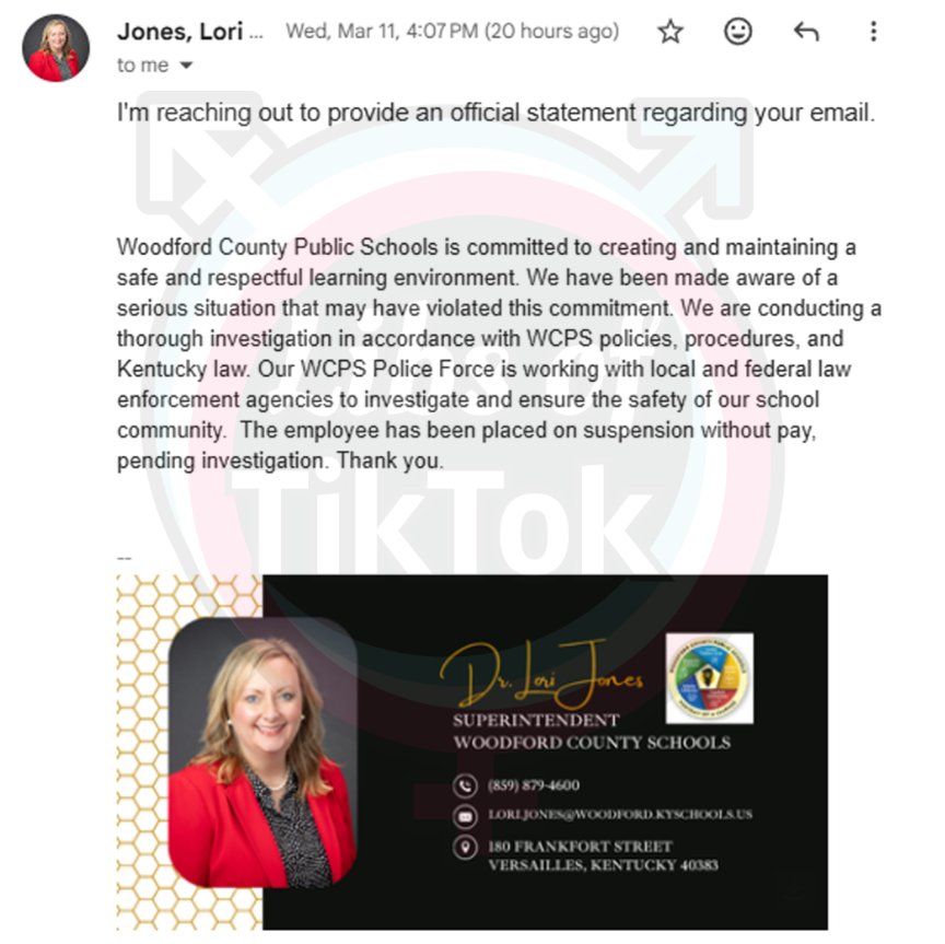 BREAKING UPDATE: <a href="/WoodfordCoPS/">Woodford County Public Schools</a> just sent us a statement confirming that Lauren Smyth, the teacher who hoped for Trump to be assassinated, has been SUSPENDED without pay.

She is also currently under investigation by the school, local police, AND federal law enforcement.