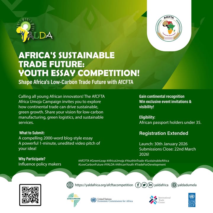 yaldafrica's tweet photo. 🌍 Shape Africa's Trade Future & Win!
The AfCFTA Youth Essay Competition has been extended! If you are an African innovator under 35, we want your vision for a low-carbon, sustainable continent. 🌿

📅 Deadline: 22 March 2026 👉 Check the image for submission details!
Apply here: https://t.co/r20jIRo08A

Follow us for updates: 👤 Facebook/LinkedIn/X: @yaldafrica 📸 Instagram: @yaldadumela

#AfCFTA #GreenLeap #AfricaUmoja #YouthInTrade #SustainableAfrica #LowCarbonFuture #YALDA #AfricanYouth #TradeForDevelopment