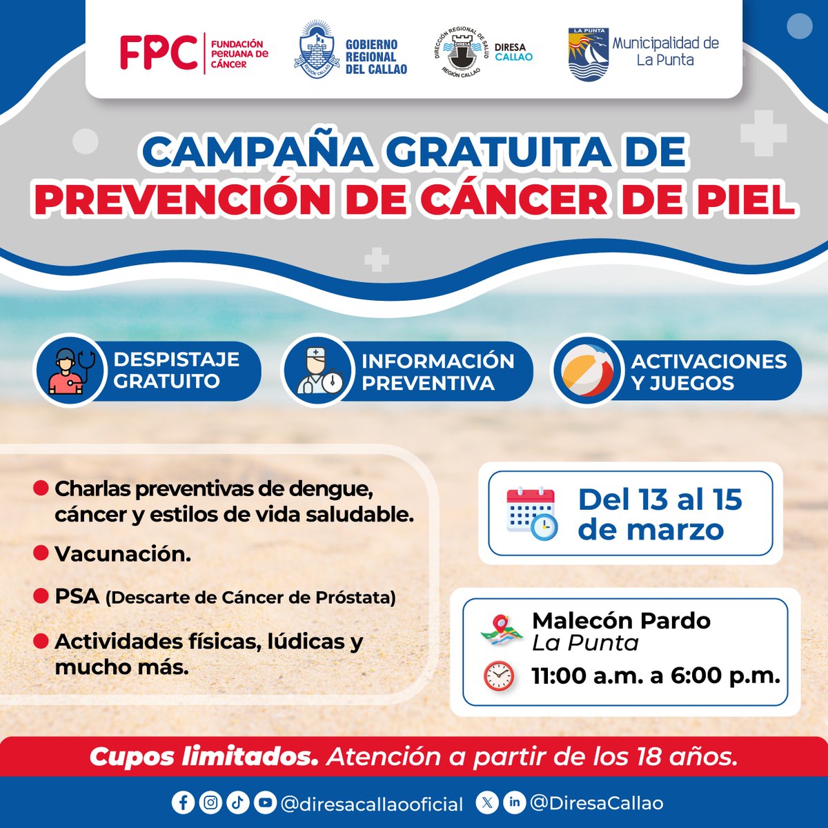 Del 13 al 15 de marzo, te invitamos a participar en la campaña gratuita de prevención del Cáncer de Piel, donde brindarán orientación y evaluación totalmente gratis para la población.