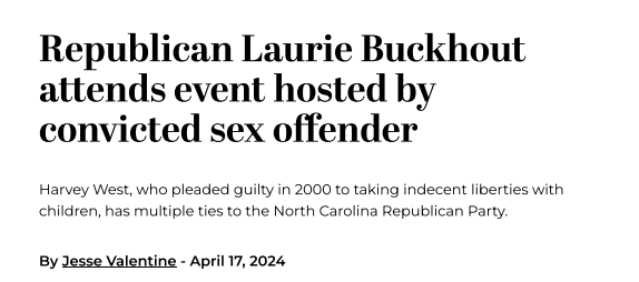 Ceara_Gilmartin's tweet image. ..... @lauriebuckhout care to comment on your relationship with Harvey West, a convicted sex offender? Weird that you deleted the post thanking him and campaigning with him! #NC01