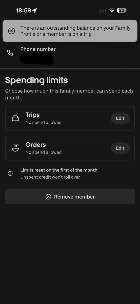 derickschmidt's tweet photo. @Uber_Support since December I am not able to remove a family member on the app. At first the error had no description. Now it as an or and no the person is not on a trip and they also don’t owe anything. Please help since your support is not reachable. https://t.co/9rX25PYifg