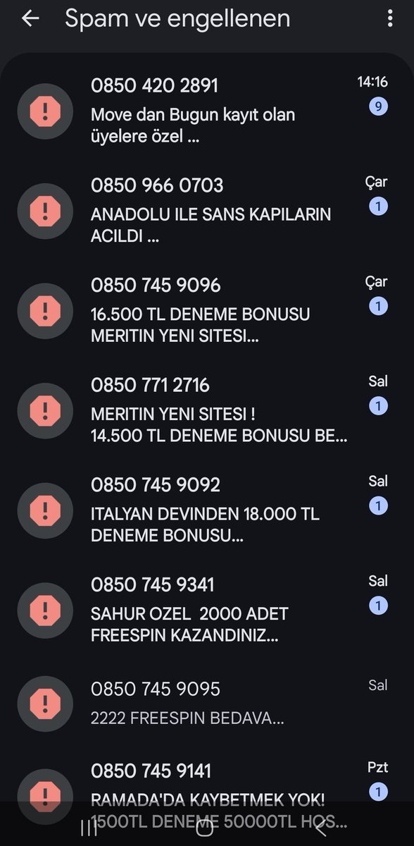 Gerçekten merak ediyorum Sayın <a href="/BTKbasin/">BTK</a> <a href="/SiberayEGM/">Siberay</a> <a href="/TC_icisleri/">T.C. İçişleri Bakanlığı</a> <a href="/UABakanligi/">T.C. Ulaştırma ve Altyapı Bakanlığı</a> <a href="/iletisim/">T.C. İletişim Başkanlığı</a> biz bu lanet olası bahis siteleri ve aramalarından ne zaman kurtulacağız canımızdan bezdik 50 60 bin numara engelledim halen geliyor. Bıktık Bıktık yeter.