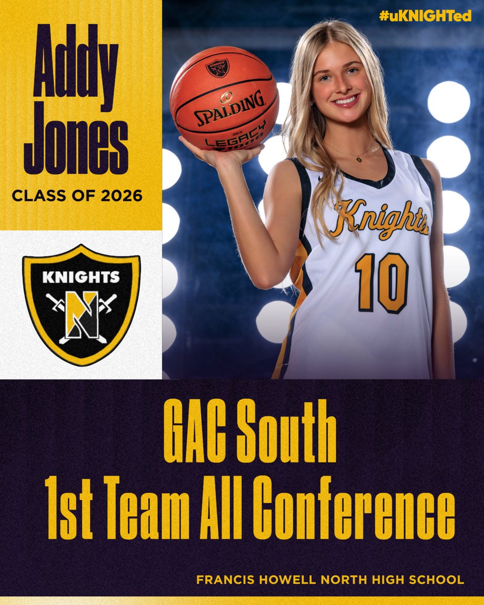 A HUGE congratulations to #10 Addy Jones! Your hard work and dedication to this program has paid off! GAC South 1st Team All Conference! 💛🖤🏀 #uKNIGHTed #Compete <a href="/TMoranFHN/">Tommy Moran</a> <a href="/FHN_JVgirlBBall/">Howell North JV & C Team Girls Basketball</a> <a href="/SCoates1331/">Scott Coates</a> <a href="/CoachCrawford19/">Will Crawford</a> <a href="/FHNKnightsAD/">FHN Activities</a> <a href="/addyjones07/">Addy Jones</a> 📸 <a href="/TSP_100/">Terry Simpson TSP</a>