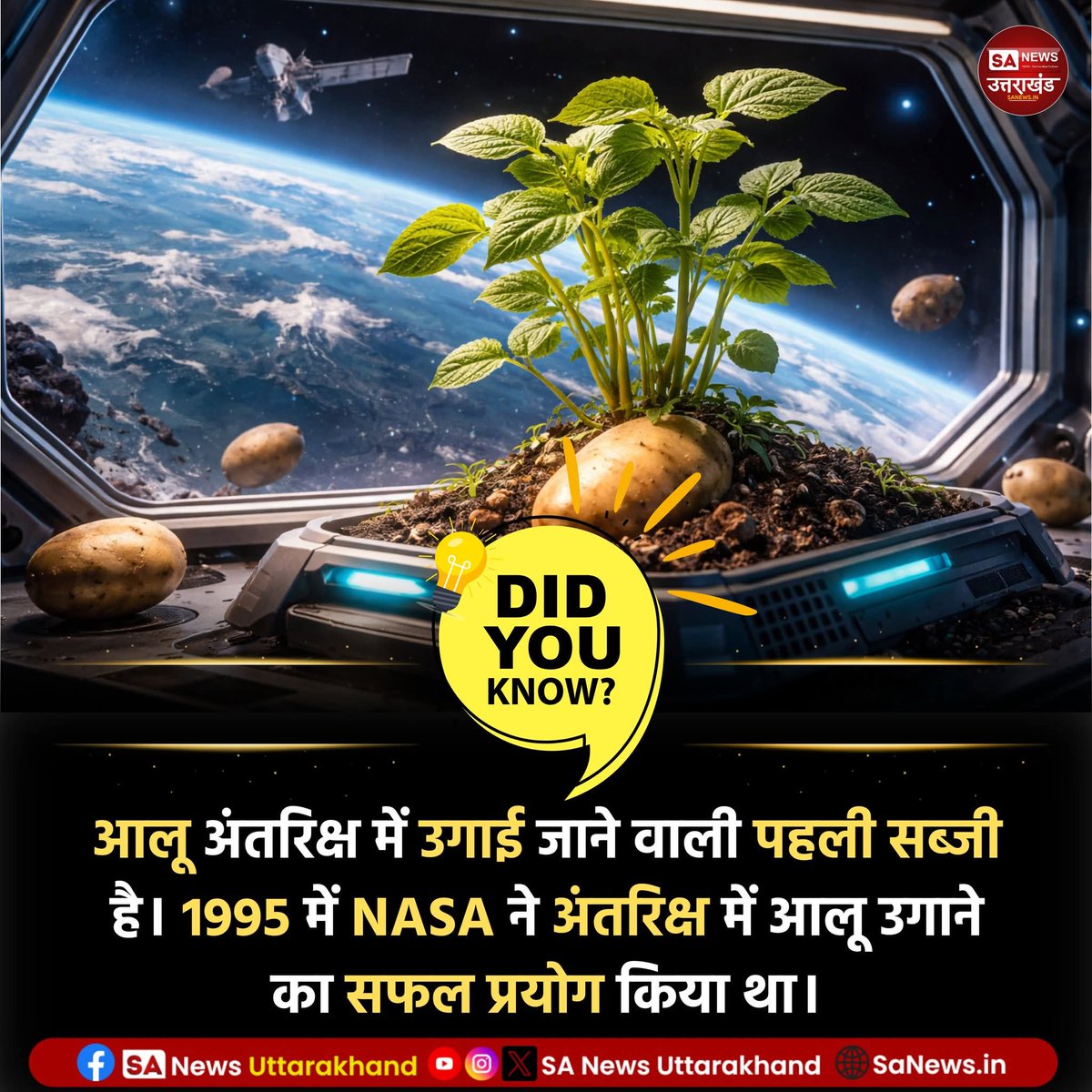 SANewsUK's tweet image. क्या आप जानते है?🤔

आलू अंतरिक्ष में उगाई जाने वाली पहली सब्जी है। 1995 में NASA ने अंतरिक्ष में आलू उगाने का सफल प्रयोग किया था।
.
12 March 2026
.
.
#amazingfact 
#sanewsuttarakhand