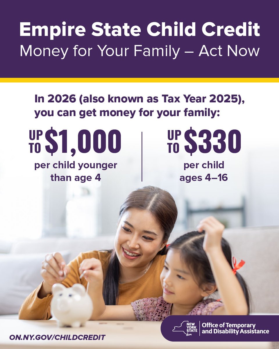 New York families can receive up to $1,000 per child thanks to New York's recently expanded Empire State Child Credit. There is no income requirement to receive the credit and it won't impact your benefits.

Deadline to claim the credit is April 15.

Visit on.ny.gov/childcredit