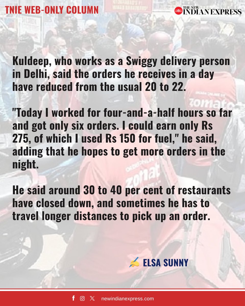 NewIndianXpress's tweet photo. TNIE Web-only Column | The domino effect of the ongoing conflict in #WestAsia and the subsequent shortage of LPG supplies has now hit the gig economy.

Food and grocery delivery workers are facing a threat to their livelihoods as restaurants shut down or cut back on their menus due to an #LPG crunch, said the Gig Workers Association.

Amid the crisis, the price of commercial LPG has been increased to Rs 114 per #cylinder, and the price of domestic LPG has been increased by Rs 60.

✍️@elsasunny_
🔗https://t.co/wANv7dsr9a