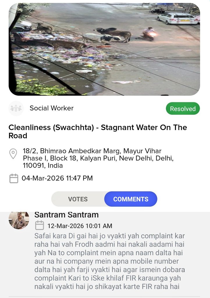 DelhiComplaint's tweet photo. Dear @RajaiqbalSingh3,

Complaint was lodged directly through the #MCD311 app using the in-app camera and GPS. The complainant did not even have the option to upload a photo from the gallery.

Then why is your worker threatening the complainant? Citizens have the right to report issues until they are resolved.

Public servants are meant to solve problems, not intimidate citizens. Kindly ensure accountability and take action against such behaviour.
@gupta_rekha @LtGovDelhi @LokNiwasDelhi @PMOIndia @DARPG_GoI @DrJitendraSingh