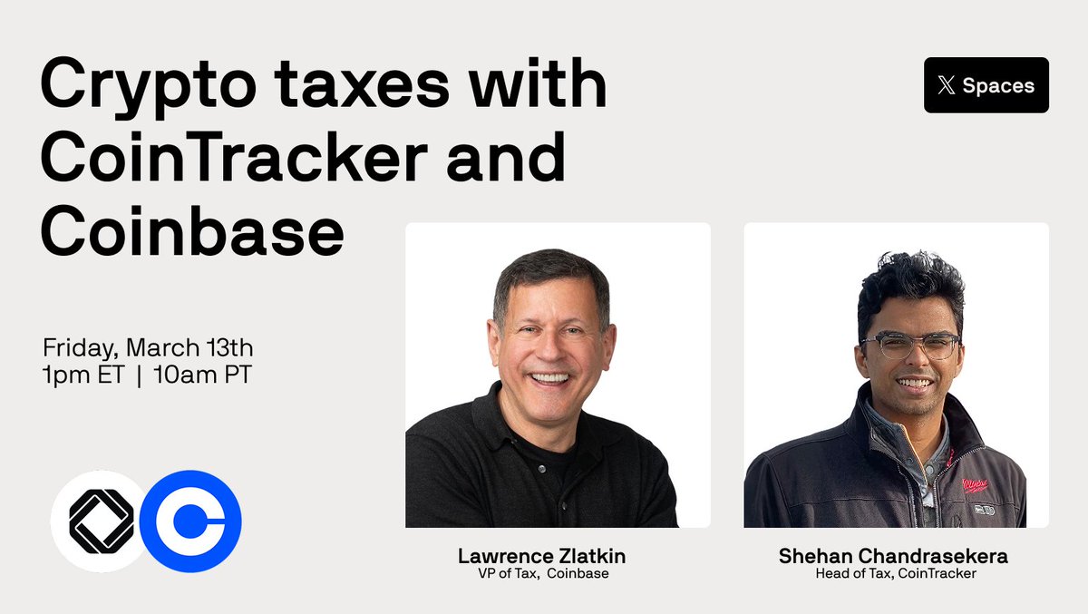 Tomorrow we’ll be joined by Lawrence Zlatkin, VP of Tax at Coinbase and CoinTracker’s Head of Tax, Shehan Chandrasekera for a conversation on:

→ 1099-DA’s, 8949’s
→ Missing cost basis
→ Crypto taxes for Coinbase users

See you there. <a href="/TheCryptoCPA/">Shehan</a> <a href="/LawrenceZlatkin/">Lawrence Zlatkin</a>

🎙️