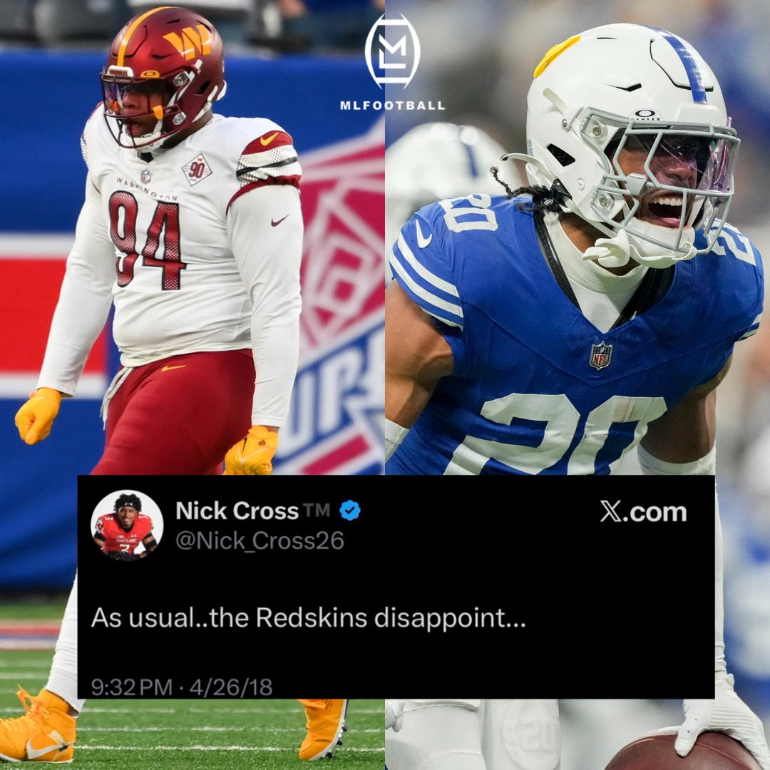 MLFootball's tweet image. TRENDING: An old post from new #Commanders safety Nick Cross has resurfaced and gone viral.

Cross grew up a Redskins fan &amp;amp; was pissed off in 2018 when they drafted DT Daron Payne in the 1st round:

“As usual the Redskins disappoint”

Payne &amp;amp; Cross are now teammates.

AWKWARD 😳