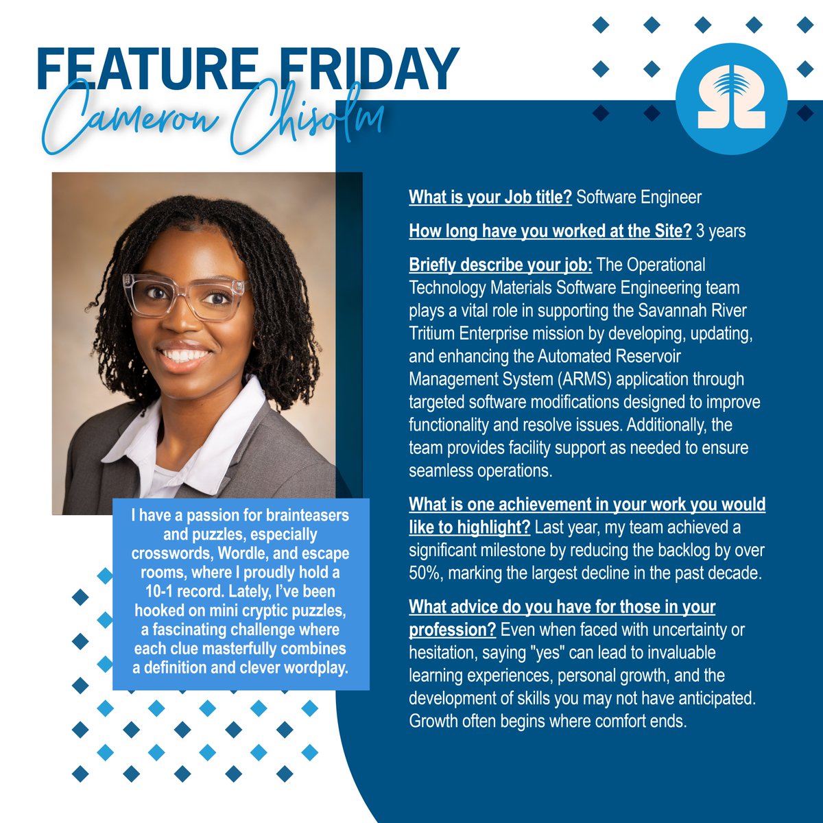 It's #FeatureFriday! Meet the SRNS Materials Software Engineer, Cameron Chisolm. Thank you for helping us #MakeTheWorldSafer, Cameron.