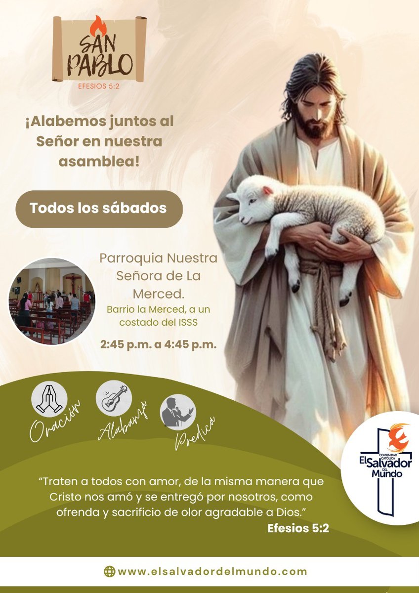 ComunidadCESM's tweet image. 📣 Atención Usulután

#TodosLosSábados Alabemos juntos al Señor en nuestra asamblea del grupo San Pablo 🙌 en Usulután.

⏰ 2:45 p.m.
💒 Nuestra Señora de La Merced. Barrio La Merced a un costado del ISSS.

#GrupoSanPablo #Oración #Alabanza #Prédica #SoyDeLaComu