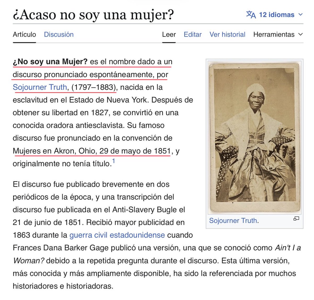 OlgaPastor45935's tweet photo. @DonIwana @audrehooks @DonDominio Lo dudo, Bell Hooks nació en 1952. 

La frase es de Sojourner Truth, activista abolicionista de la esclavitud y de los derechos de las mujeres. Era oradora invitada por sufragistas. https://t.co/TX79AxdOnk