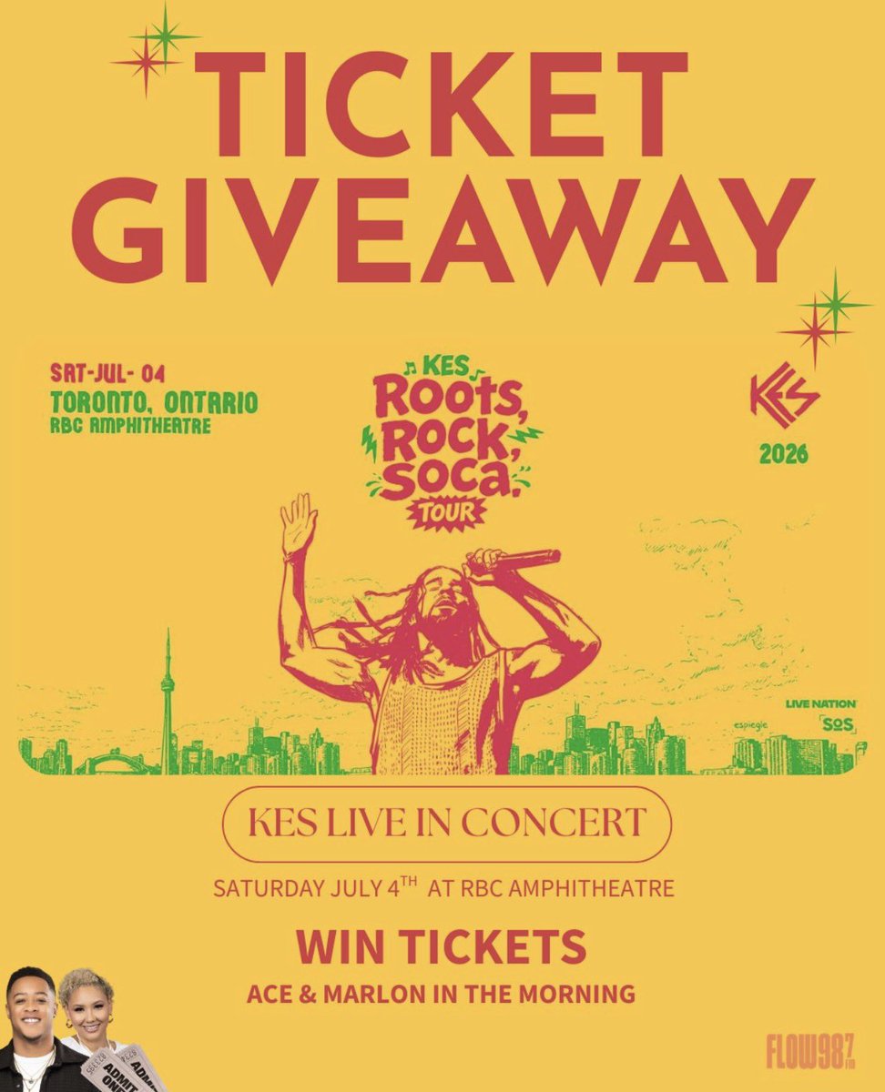 FLOW987FM's tweet photo. IT'S GIVEAWAY TIME! 

We're giving away a pair of tickets to see:

1) KES LIVE in concert in his 'Roots, Rock, Soca' Tour on Saturday July 4th

2) Ice Cube LIVE in concert on Friday June 26th at the Casino Rama Resort.

On Ace &amp; Marlon In The Morning 6-9AM🔥 https://t.co/8P1CKbHsJM