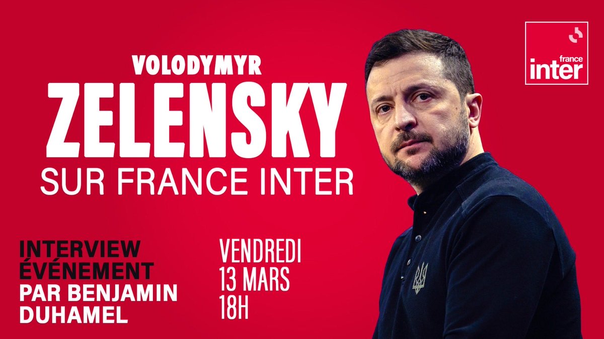 🔴 Événement 🔴 À l'occasion de sa visite en France vendredi 13 mars, le président ukrainien Volodymyr <a href="/ZelenskyyUa/">Volodymyr Zelenskyy / Володимир Зеленський</a> est l'invité exceptionnel de France Inter.

Il accordera une interview événement à <a href="/Ben_Duhamel/">Benjamin Duhamel</a>.

Édition spéciale et entretien à suivre dès 18h ce vendredi sur