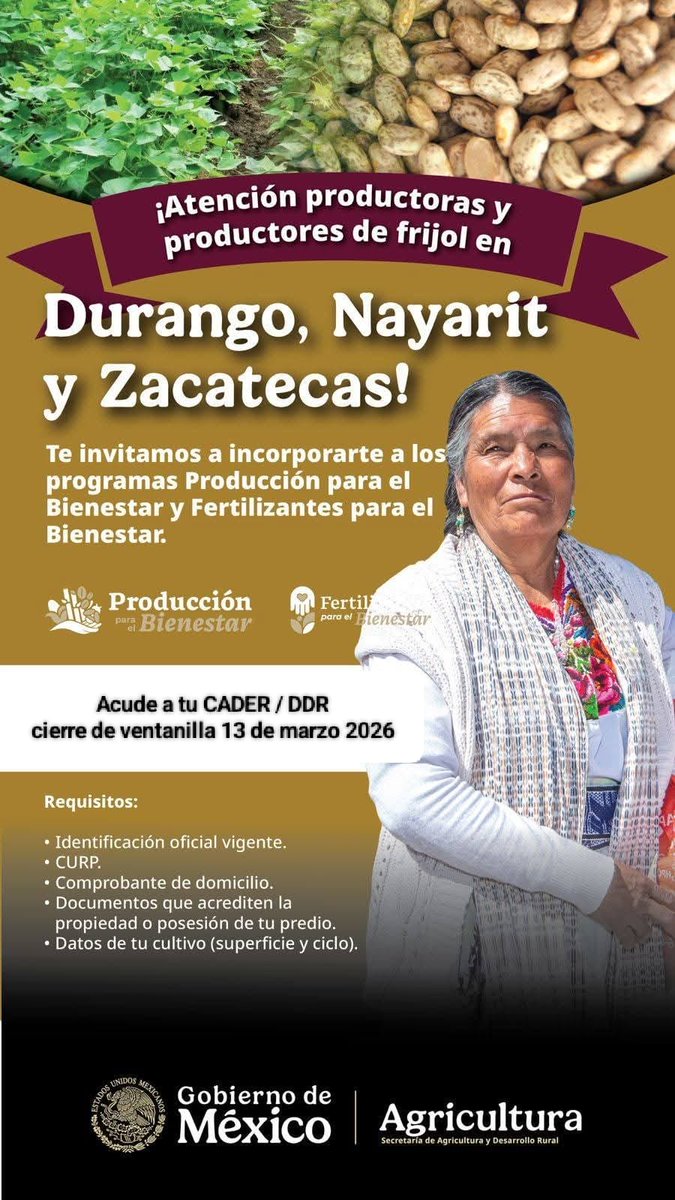 Productor de Frijol del Norte del Estado de Durango tienes hasta el viernes 13 de marzo para incorporarte a los Programas Producción para el Bienestar y Fertilizantes para el Bienestar

Acude a tu CADER o DDR en Ocampo

<a href="/Claudiashein/">Claudia Sheinbaum Pardo</a> <a href="/JulioBerdegue/">Julio Berdegué</a> <a href="/RaulSalgadoSV/">Raúl Salgado</a> <a href="/ismaelayala7/">Ismael Ayala Salazar</a>