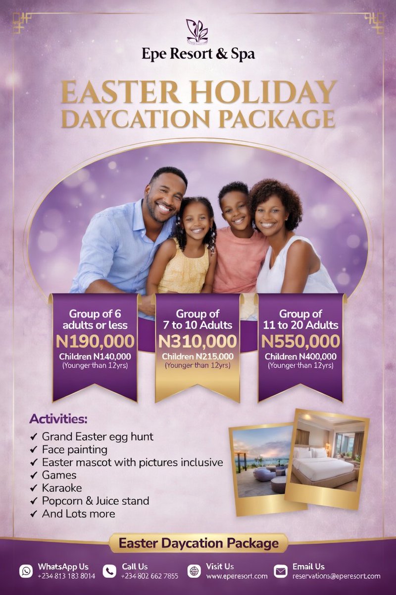 epe_resort's tweet photo. Easter just got upgraded! 🐣🍾

Indulge in a blissful staycation, gourmet meals, pool time, cycling, games, family fun + exclusive spa pampering for two.

For Bookings and Reservation, Call or whatsapp: 08026627955/08131838014

#EasterStaycation #EpeResortAndSpa #EasterWeekend https://t.co/s1d0xUmYba